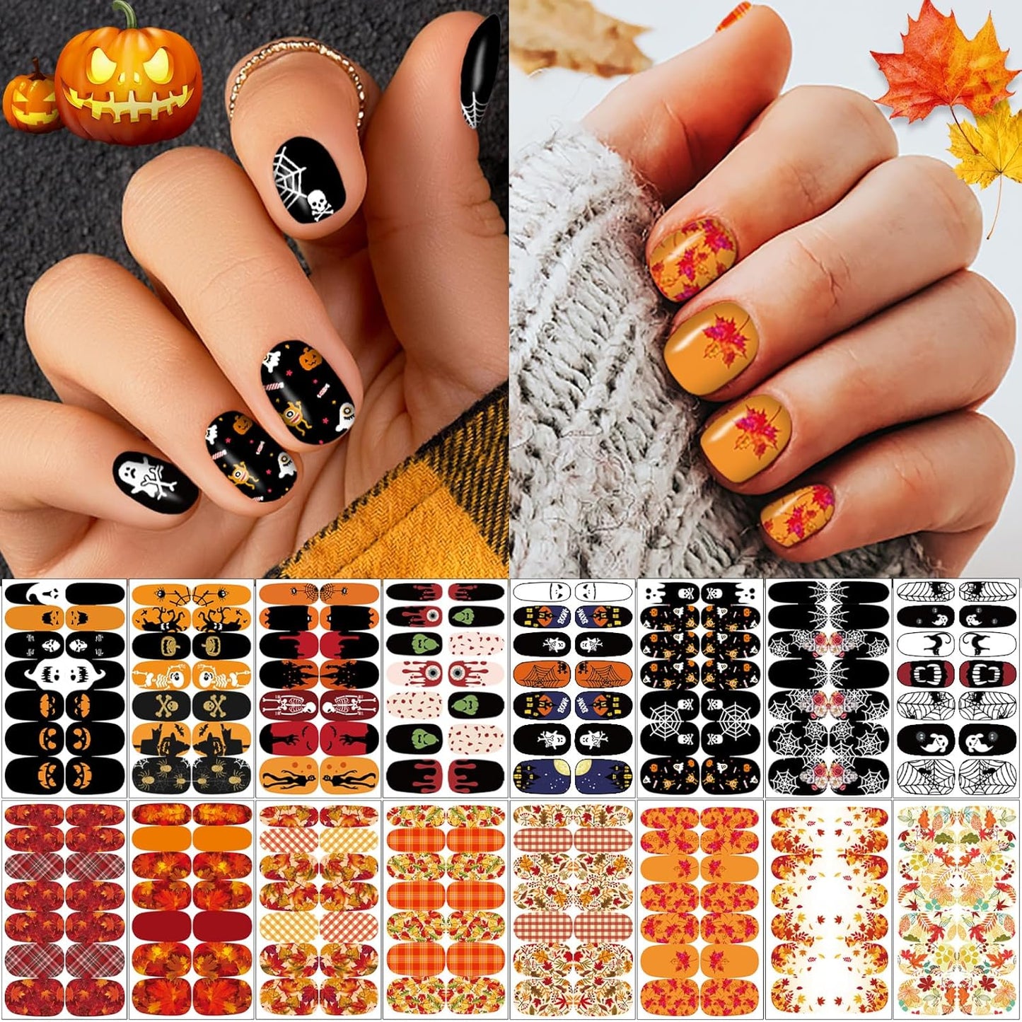 16 Sheets Holiday Nail Wraps Stickers, Halloween&Thanksgiving Day All Seasonal Full Nail Polish Strips, DIY Self-Adhesive Fall Winter Nail Art Decals with 2 Piece Nail Files for Party Decor (224 Pcs)