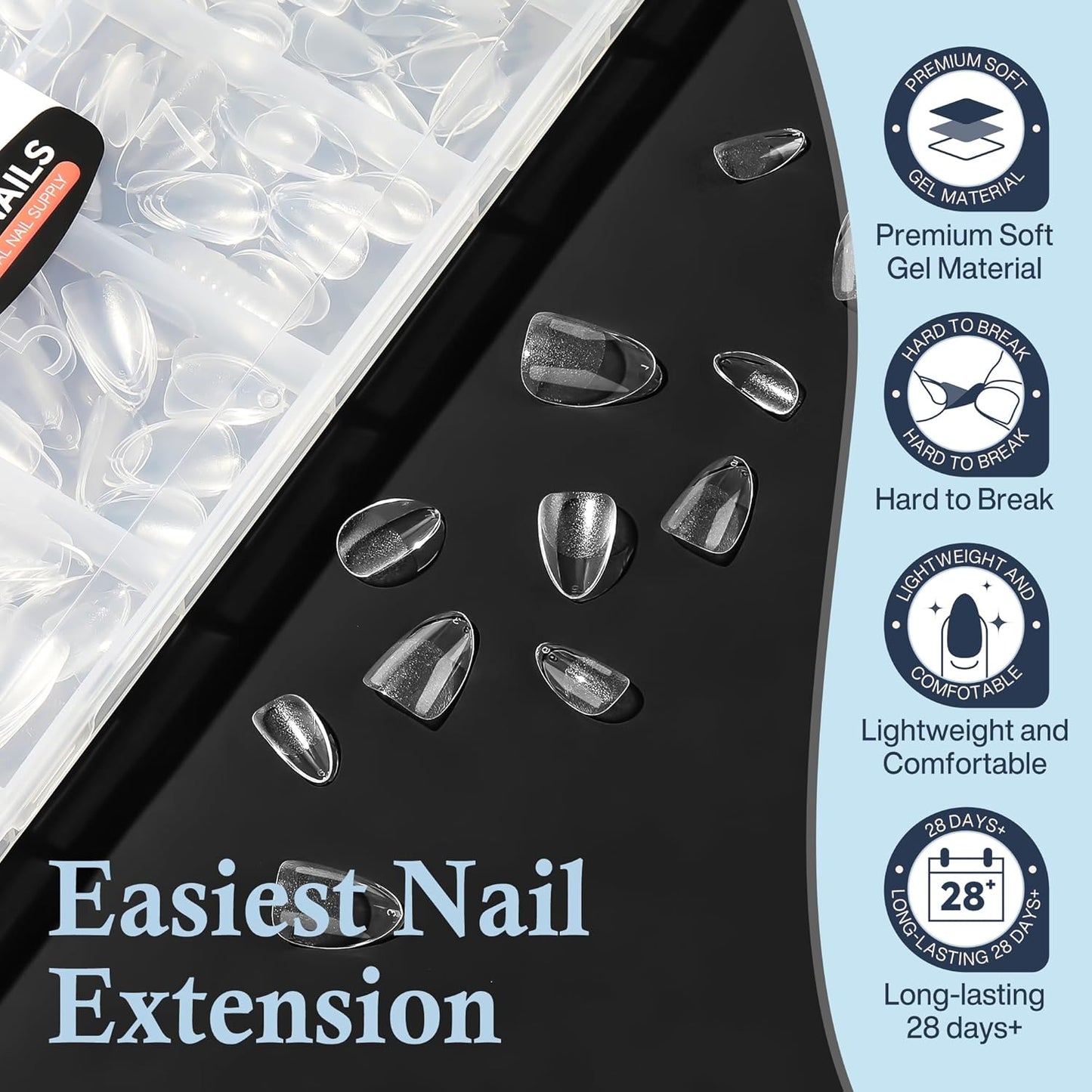 Extra Short Almond Nail Tips, 240pcs Soft Gel Pre-Shaped Acrylic Fake Nails, Half Matte Full Cover Clear Gelly Press on Flase Nail Tips for Extension Nail Manicure Home DIY 12 Sizes