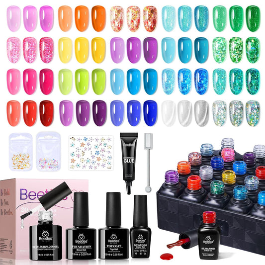 Beetles Jelly Gel Nail Polish Kit,20 Colors Neon Cat Eye Glitter Soak Off UV LED Gel Nail Kit Pink Orange Blue with Base Matte Top Coat for DIY Nail Art Sunbeam Jelly Gift for Women