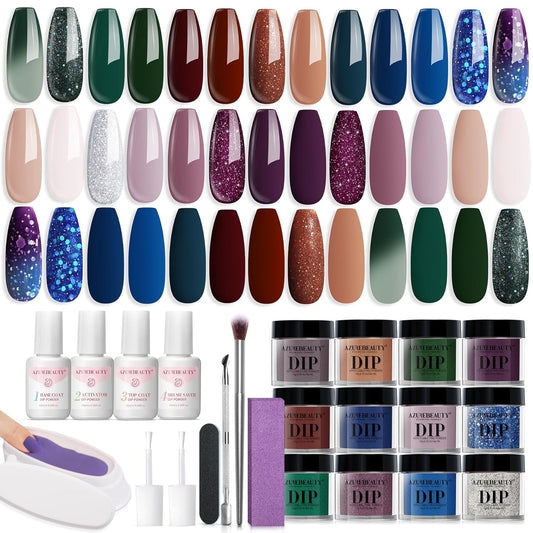 31Pcs Dip Nails Powder Starter Kit, AZUREBEAUTY 20 Colors Purple Blue Glitter Dipping Powder Recycling Tray Liquid Set with Base Top Coat Activator for French Nails Art Manicure DIY Home Salon