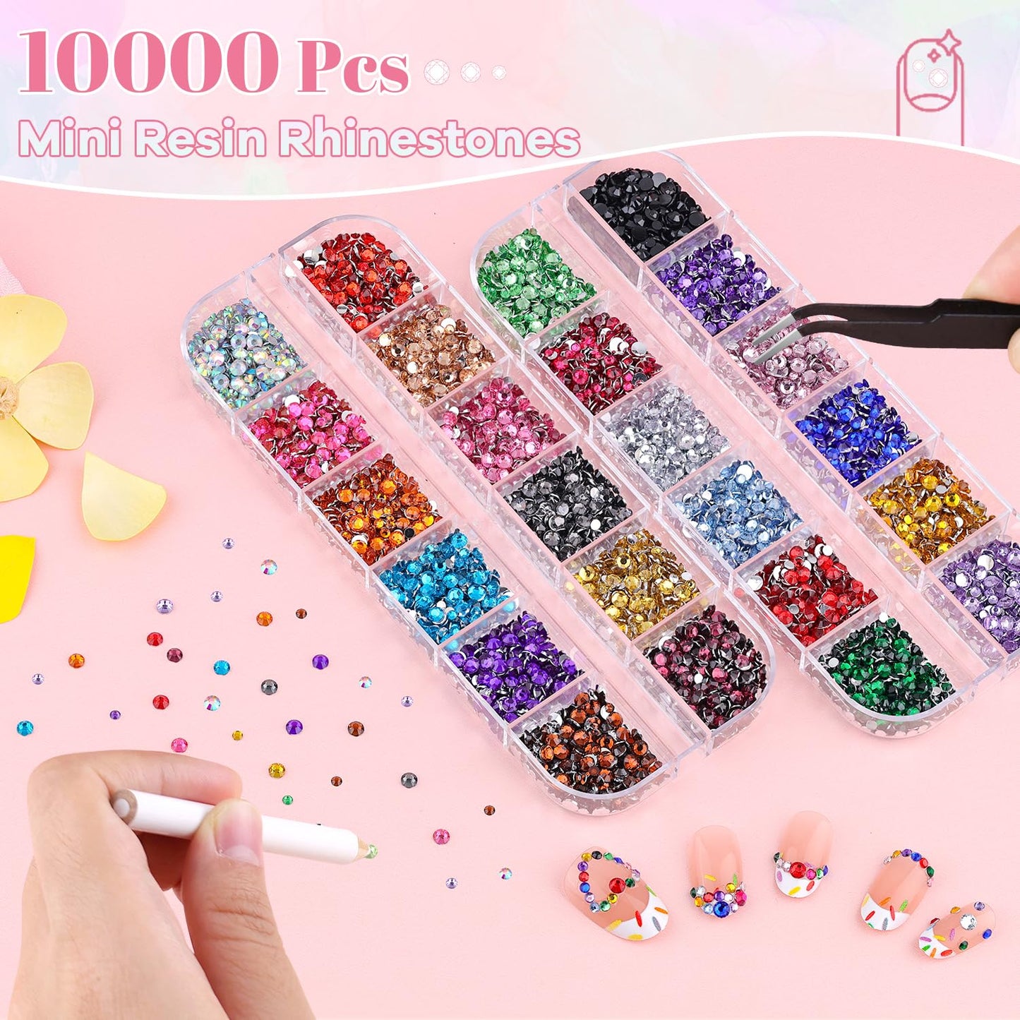 10000Pcs Small Resin Rhinestones for Nail Art, Colorful 2/3MM Flatback Bedazzling Gems, Nail Rhinestones and Gems Crystals Charms for Acrylic Tips Manicure Decor