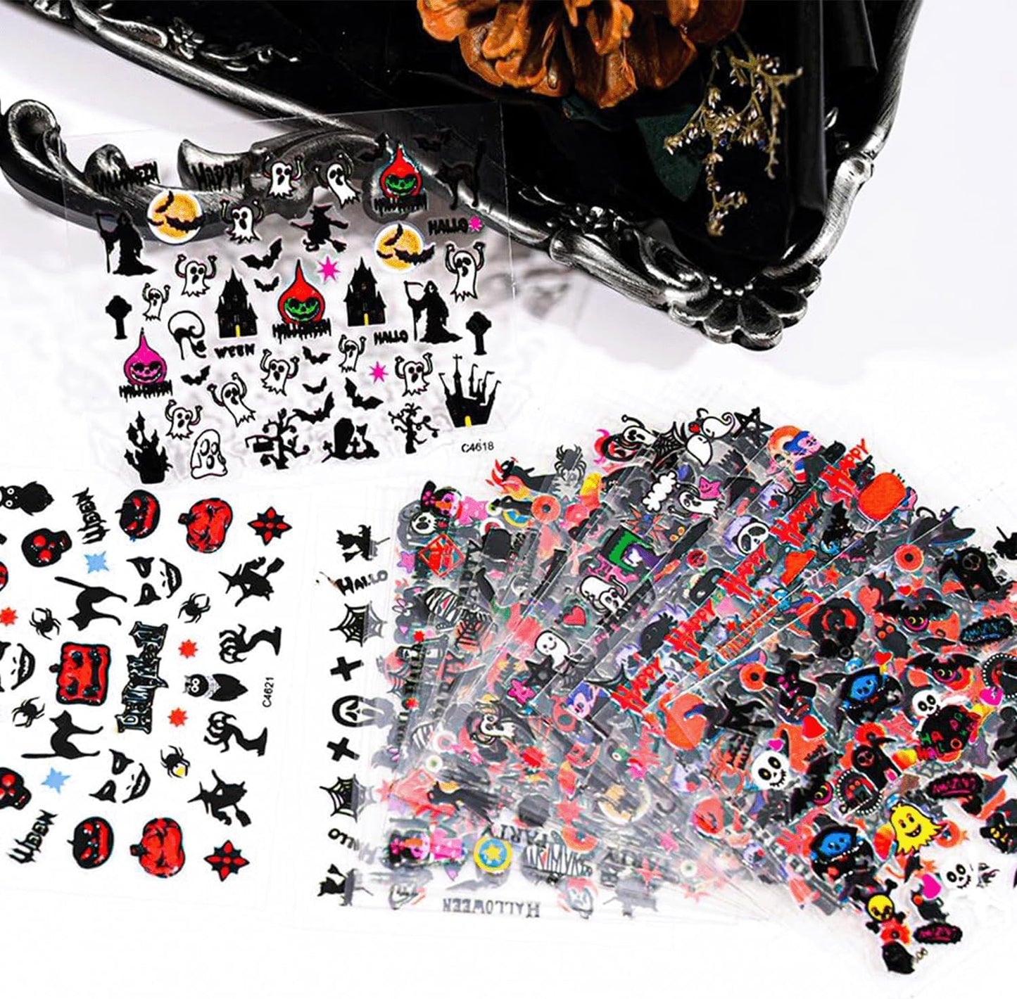30 Sheets Halloween Nail Stickers 3D Self Adhesive Halloween Nail Decals Ghost Spider Nail Art Stickers Pumpkin Bat Nail Design Nail Art Supplies for Acrylic Nails Decorations for Women