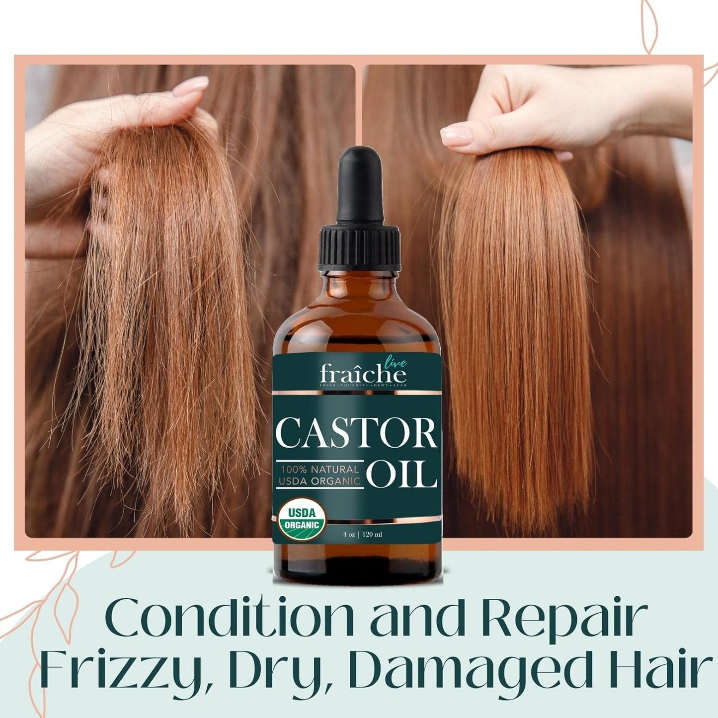 Live Fraiche Organic Castor Oil (4oz) + Filled Mascara Tube, 100% USDA Pure, Cold Pressed, Hexane Free Lash Serum Hair Growth Oil for Eyelashes, Eyebrows, Hair - Brow and Hair Treatment Oil