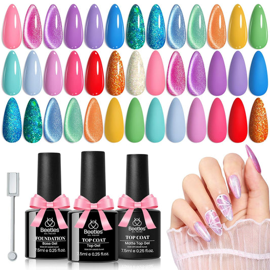 Beetles Gel Nail Polish Set, 24 Pcs 20 Colors Rainbow Pastel Neon Cat Eye Pink Purple Glitter Red Green Gel Nail Polish Kit Soak Off UV with Base Coat Top Coat Gift for Women Dreamy Wonderland