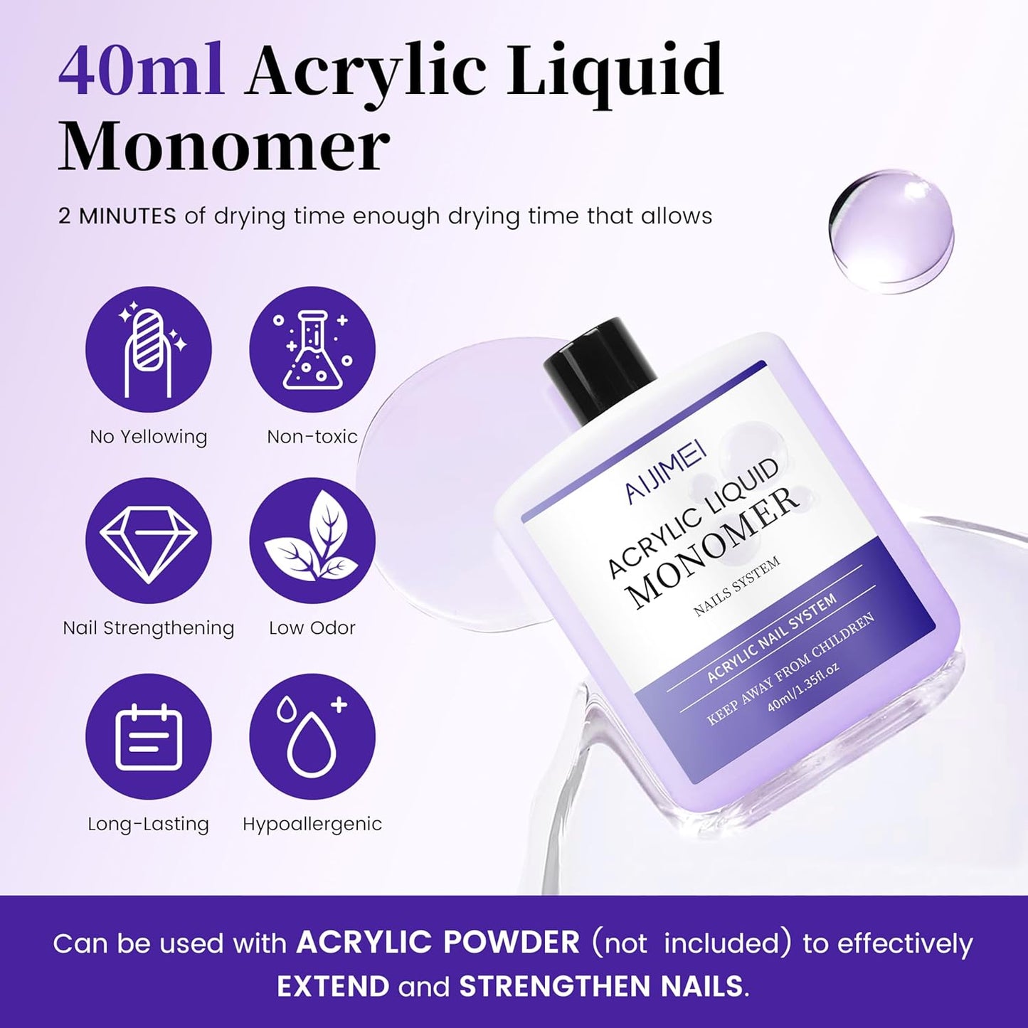 AIJIMEI Acrylic Liquid Monomer for Long Lasting 40ml Acrylic Liquid Professional Nail Art Supplies Suitable for Salon and Home (3pcs)