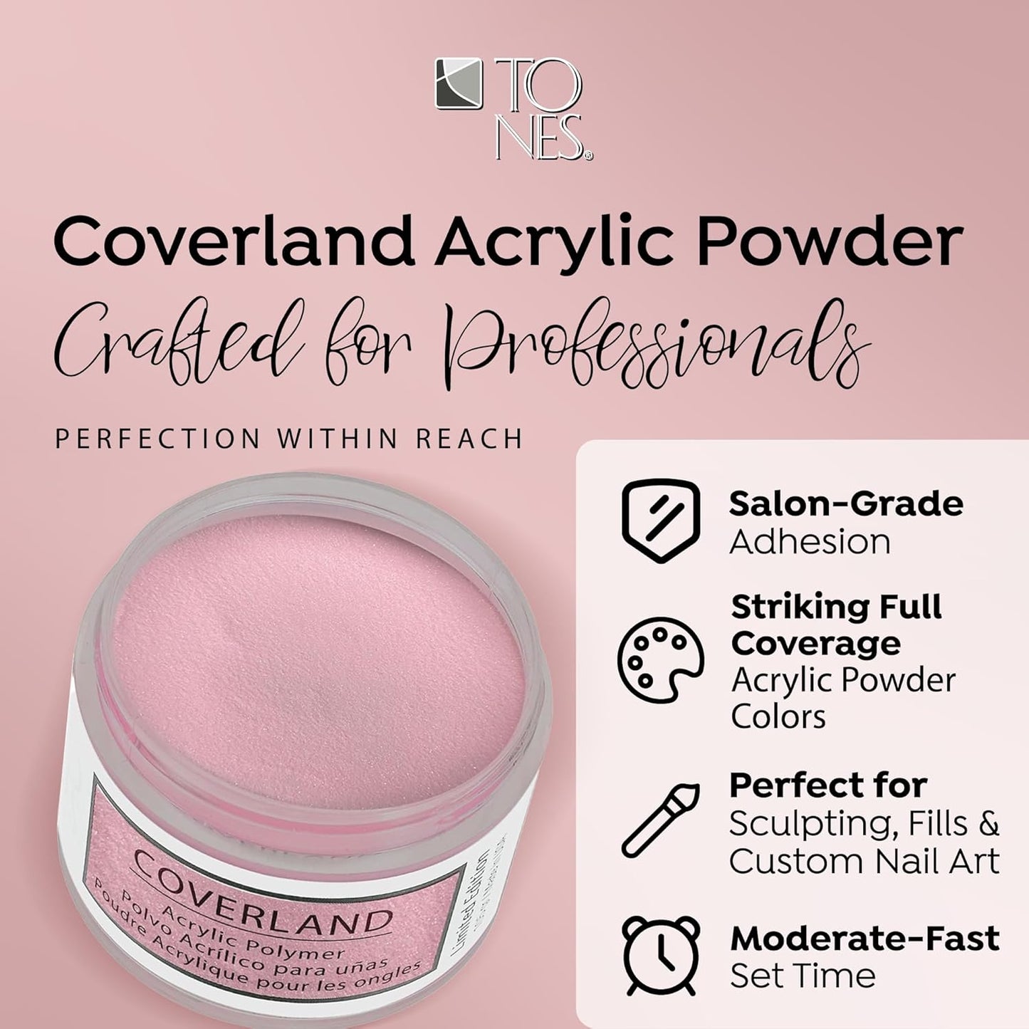 Tones Coverland Acrylic Nail Powder "Pink Sorbet" - Limited Edition Acrylic Powder for Nail Design, Sculpting, and Masking Nail Bed Imperfections - (1.5 Oz)