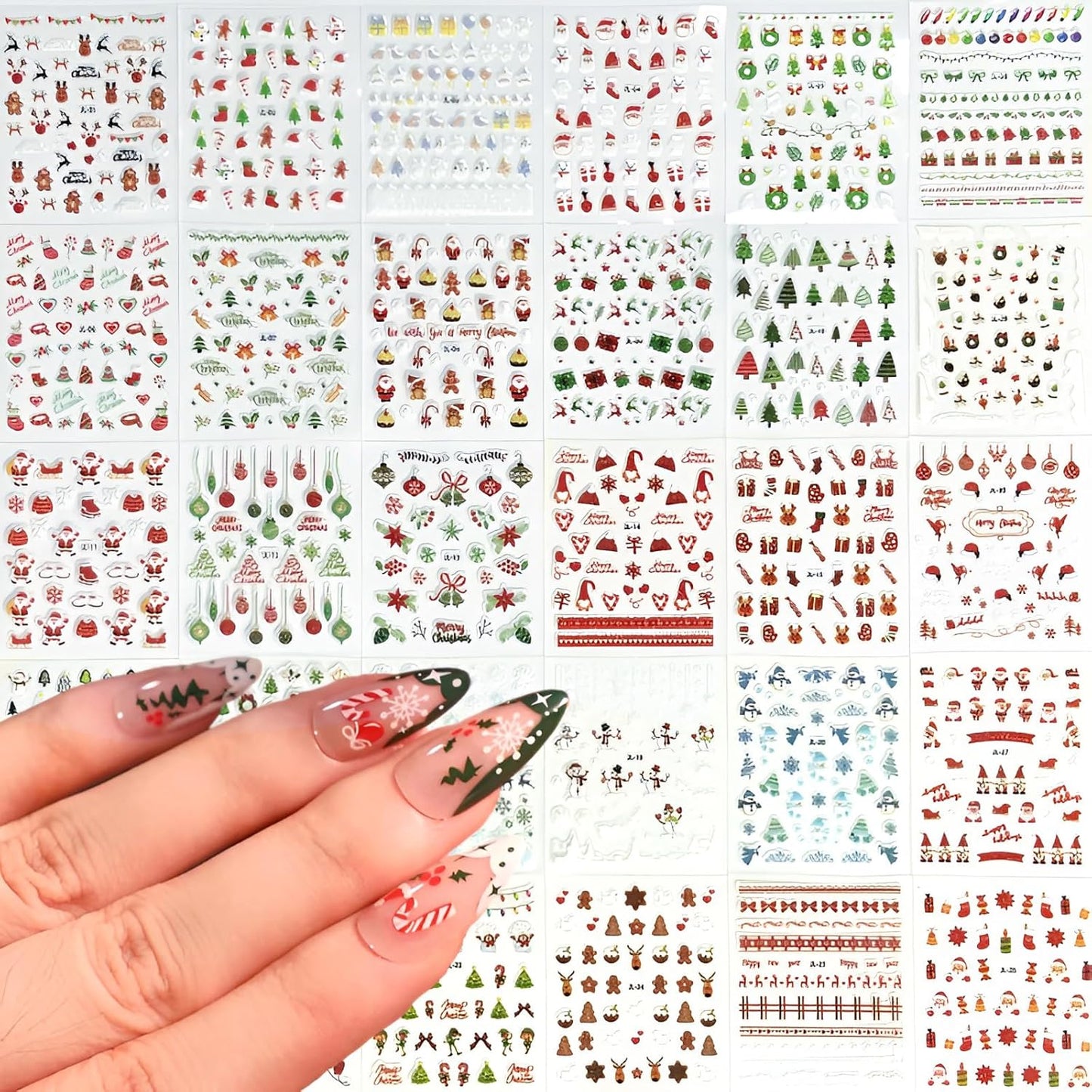 30 Sheets Christmas Nail Art Stickers 3D Self- Adhesive Pegatinas Uñas Snowman Snowflake Nail Decals White Red Christmas Nail Supplies for Women and Girls