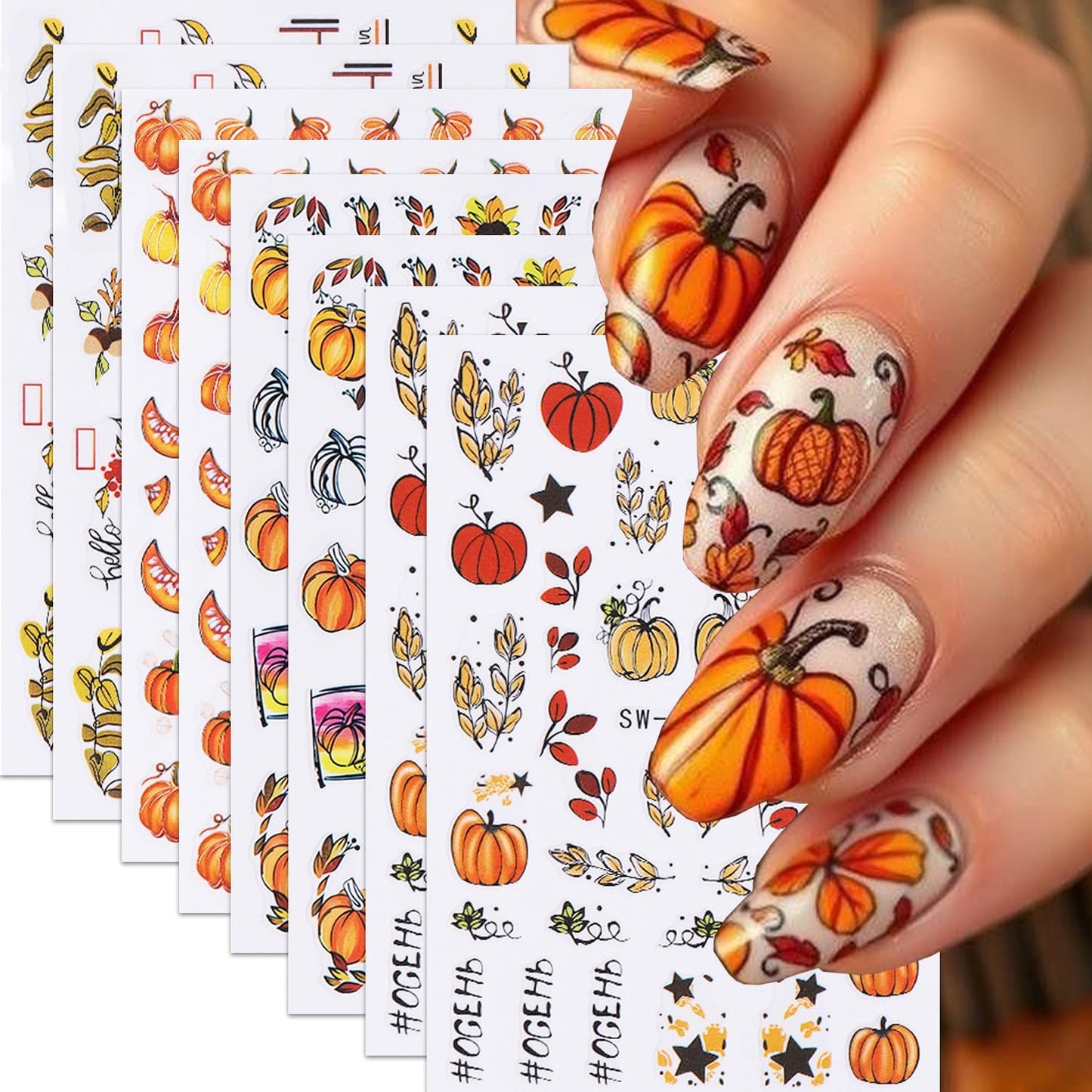 8 Sheets Fall Nail Art Stickers Autumn Maple Leaf Pumpkin Nail Sticker 3D Self-Adhesive Yellow Maple Leaves Nail Decals Designs Thanksgiving Day Holiday DIY Manicure Decoration Sticker for Women