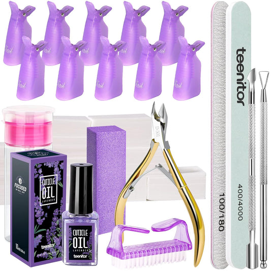 Teenitor Nail Gel Polish Dipping Powder Remover Tools Kit with Nail Clips Nail Remover Pads Cuticle Oil Nail Brushes Nail File Buffer Block Nail Clipper Cuticle Peeler Scraper Pusher and Cutter Purple