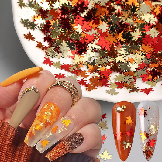 Thanksgiving Glitters Nails Sequins Fall Nail Glitter Sequins Autumn Maple Leaf Flakes Design Nails Charms Holographic Mixed Color 3D Confetti Nails Glitter for Women