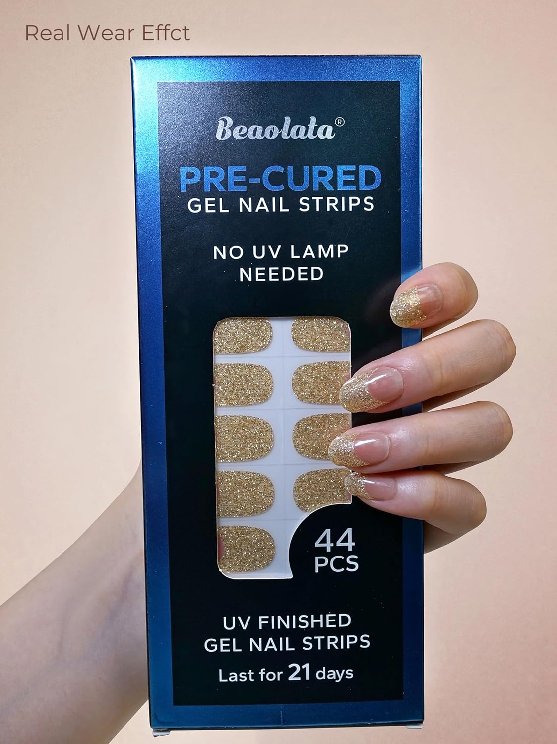 Pre Cured Gel Nail Strips - 44PCS Salon Quality Gel Nail Stickers - Long Lasting Polish Wraps for Women no UV Light Needed Easy Apply& Remove (Gold Haze）