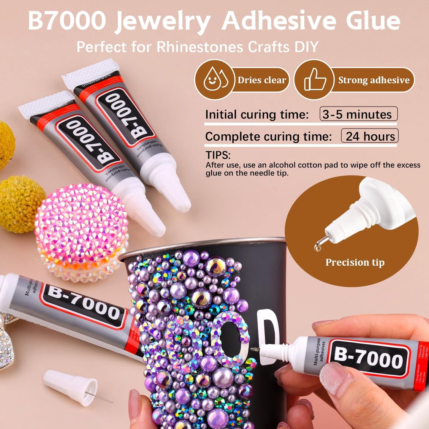 9000PCS Flatback Pearls and Rhinestones for Crafting, Dark Pink 3-10mm Resin Rhinestones and Half Pearls for Bedazzling, Nail Art and Dec with 3pcs B7000 Jewelry Glue, Tweezer and Pickup Pencil