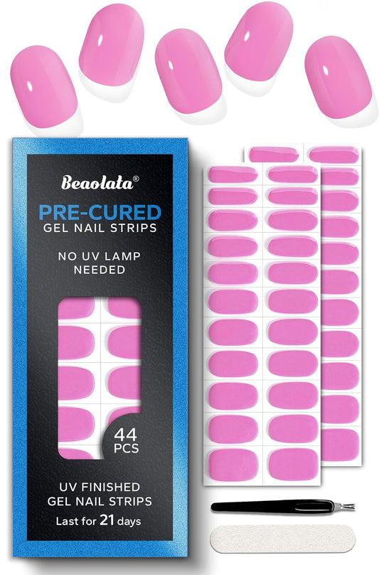 Pre Cured Gel Nail Strips - 44PCS Salon Quality Gel Nail Stickers - Long Lasting Polish Wraps for Women no UV Light Needed Easy Apply& Remove (Mermaid Pink)