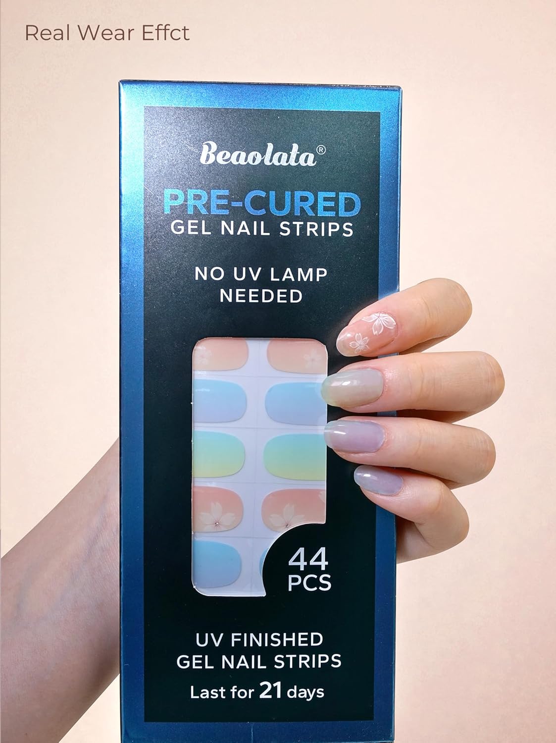 Pre Cured Gel Nail Strips - 44PCS Salon Quality Gel Nail Stickers - Long Lasting Polish Wraps for Women no UV Light Needed Easy Apply& Remove (Sorbet Blue）