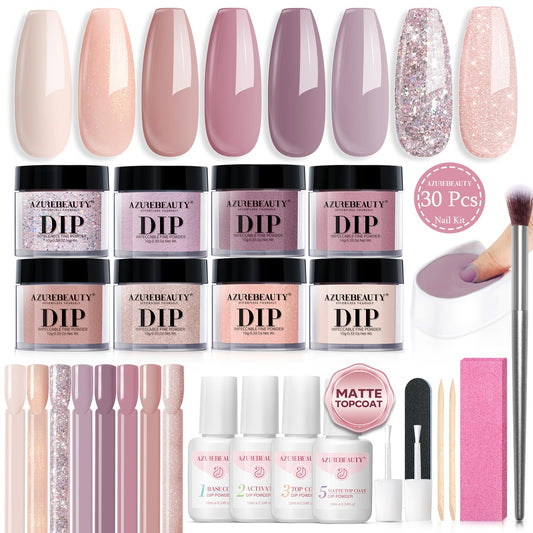 AZUREBEAUTY 30Pcs Dip Powder Nail Kit with Matte Top Coat, 8 Neutral Nude Lilac Colors, Starter Set