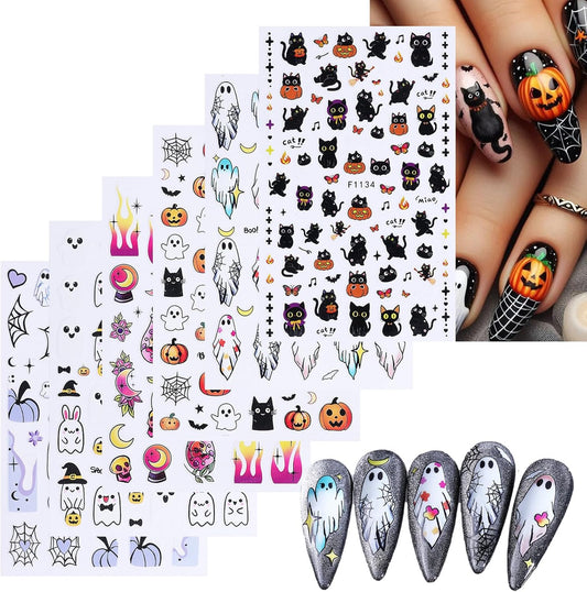 Halloween Nail Stickers for Nail Art Cute Ghost Black Cat Pumpkin 3D Self-Adhesive Nail Decals Nail Art Supplies Ghost Skull Flame Pumpkin Nails Design Manicure Stickers for Nails Decoration 6Sheets