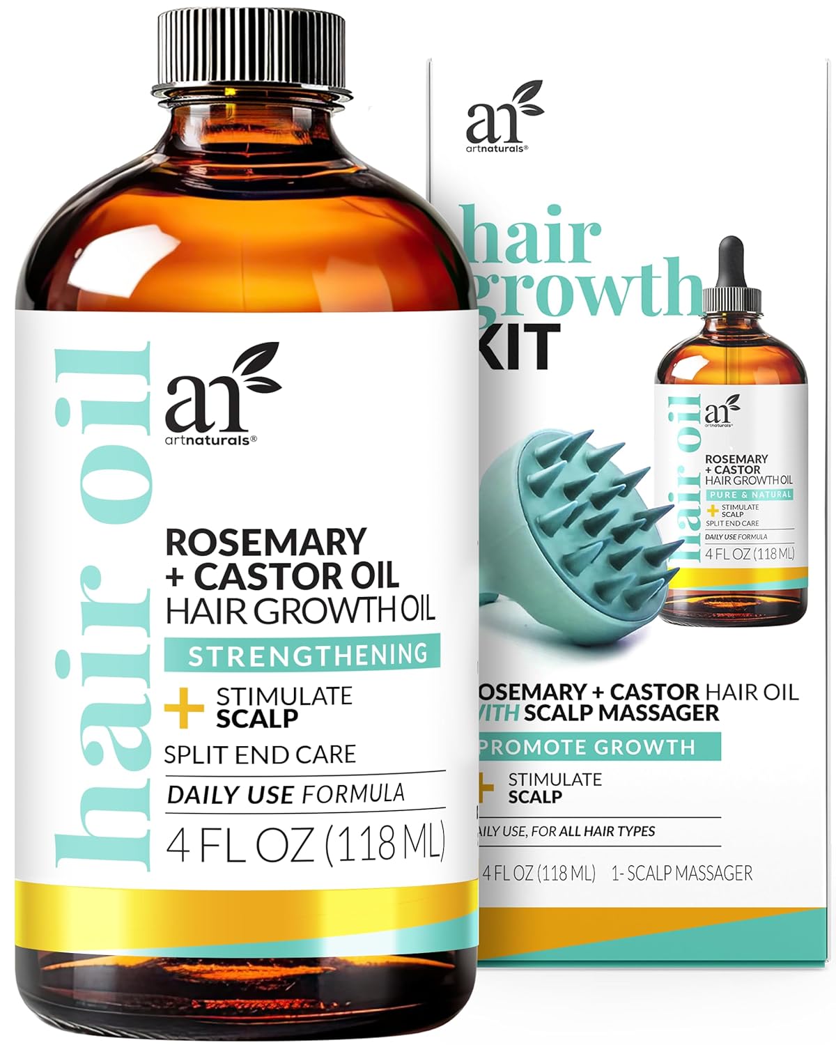 ArtNaturals Organic Rosemary & Castor Hair Growth Oil + Scalp Massager Set – Hair Relaxer for Dry, Itchy Scalp, Thickening & Hydration - Scalp Oil Products For Damaged Hair & Split Ends – 4.0 oz