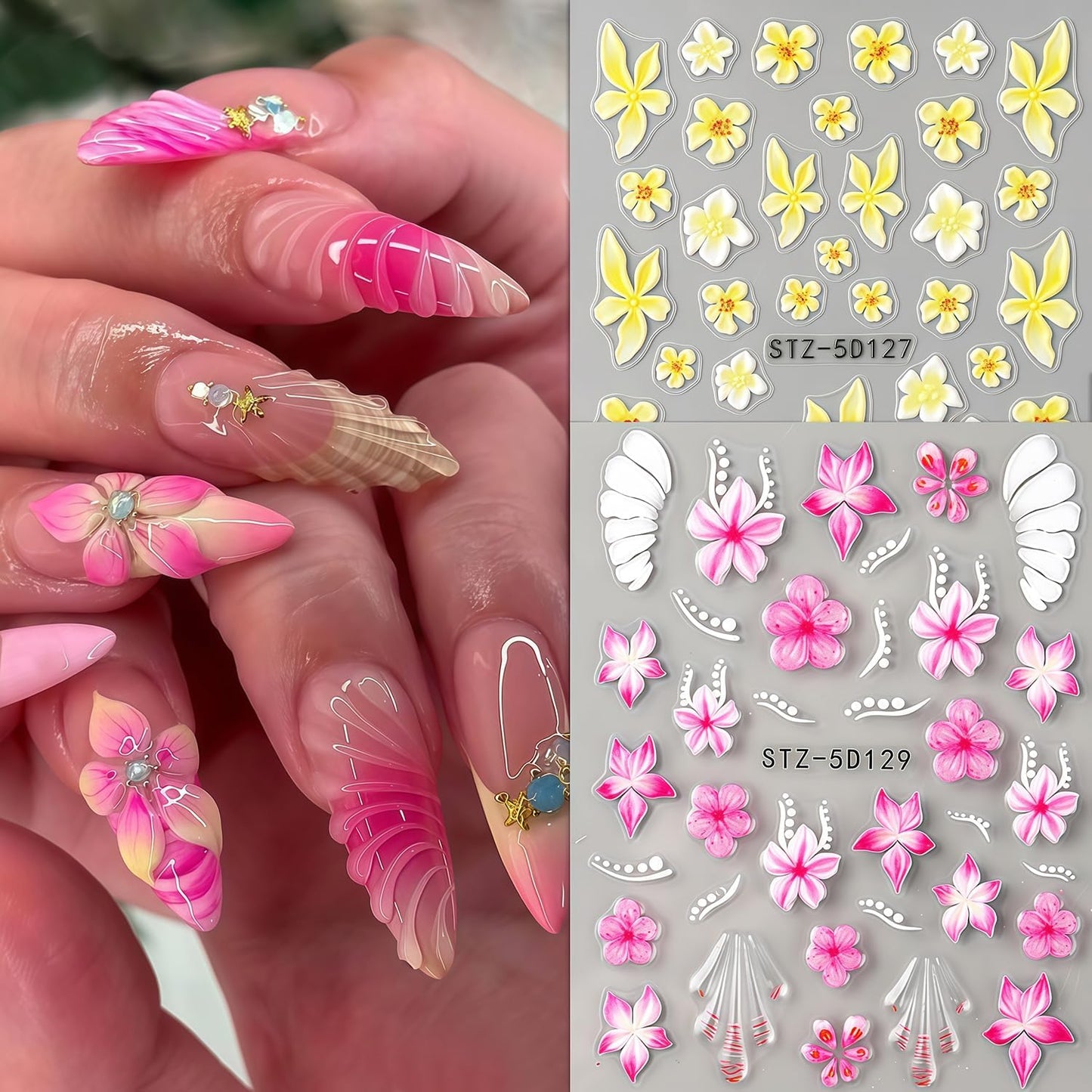 Summer Nail Stickers 5D Embossed Cute Flower Pattern Ocean Colorful Starfish Self-Adhesive Design Nail Art Stickers Beach Nail Decals for Women Festival Vacation Manicure Kit DIY Decoration