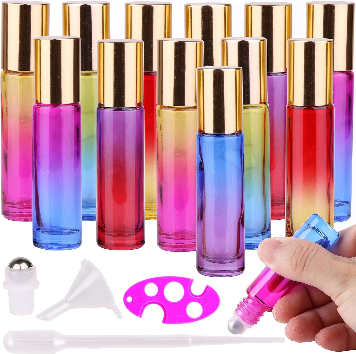 inice 12 Pack,Roller Bottles Gradient Color Glass Bottle for Essential Oils Applicator,10ml Roll on Bottle with Golden Metal Cap for Daily Care