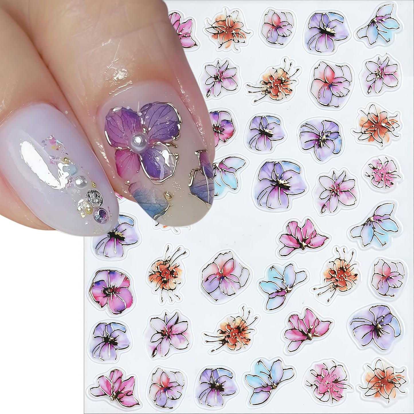 4 Sheets Purple Gold Flower Nail Art Stickers 5D Embossed Flowers Self-Adhesive Pegatinas Uñas Colorful Petals Nail Decals Purple Flower Nail Stickers for Women Nail Art Decoration